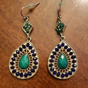 Blue Green Jewel Hook Earrings